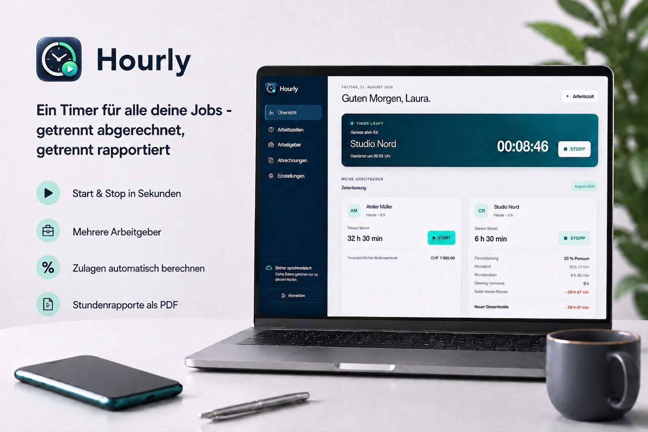 Hourly auf einem Laptop mit Zeiterfassung für mehrere Arbeitgeber